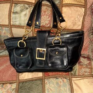 Kate Landry Large Black Leather Bag With Brass Hardware Tote Bags